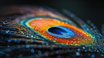 AI generated Close-Up of a Peacock Tail With Water Droplets photo