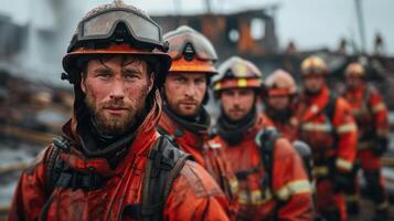 ai generado grupo de bomberos en pie juntos foto