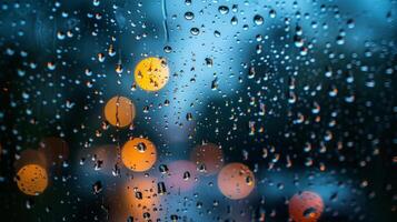 ai generado lluvia gotas en un ventana con tráfico luces foto