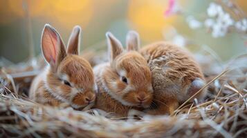 AI generated Group of Small Rabbits on Pink Blanket photo