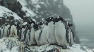 ai generado grupo de pingüinos en pie en el nieve foto