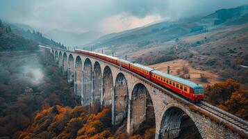 ai generado tren cruce puente con montañas en antecedentes foto