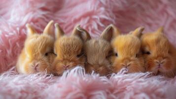 ai generado grupo de pequeño conejos en rosado cobija foto