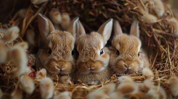 AI generated Group of Small Rabbits on Pink Blanket photo