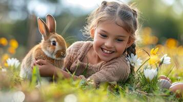 AI generated Little Girl Playing With Bunny in Grass photo