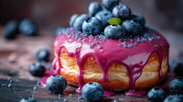 ai generado delicioso Pastelería coronado con Fresco arándanos foto