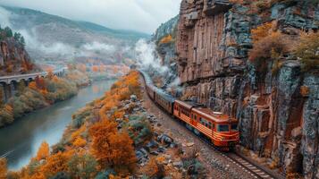 ai generado tren de viaje mediante lozano verde bosque foto