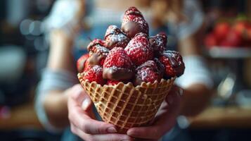 ai generado persona recogiendo chocolate desde gofre cono con fresas foto