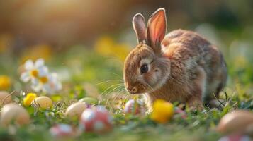 ai generado pequeño Conejo sentado en campo de huevos foto