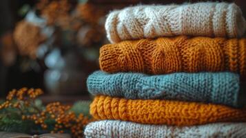 AI generated Stack of Sweaters on Wooden Bench photo