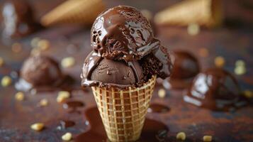 ai generado chocolate hielo crema cono con chocolate trozos foto