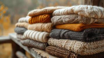 AI generated Stack of Sweaters on Wooden Bench photo