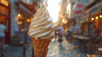 ai generado hielo crema cono en ciudad calle foto