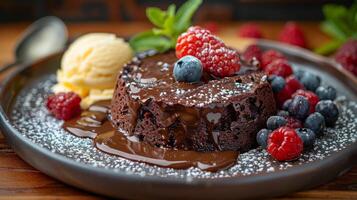 AI generated Decadent Chocolate Cake With Berries and Ice Cream photo