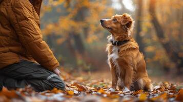 ai generado persona arrodillado siguiente a perro foto