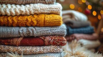 AI generated Stack of Sweaters on Wooden Bench photo