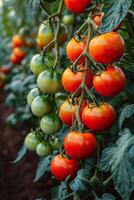 ai generado racimo de Tomates colgando desde un árbol foto