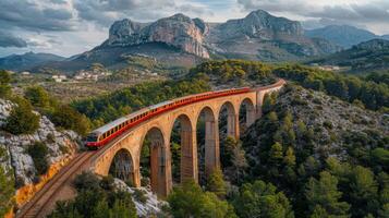 AI generated Train Crossing Bridge With Mountains in Background photo