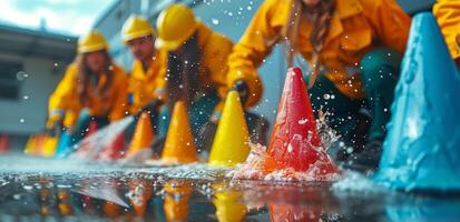 ai generado grupo de personas en amarillo impermeables jugando en agua foto