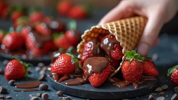 ai generado persona recogiendo chocolate desde gofre cono con fresas foto