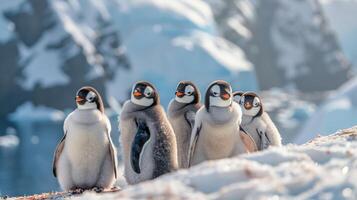 ai generado grupo de pingüinos en pie en el nieve foto