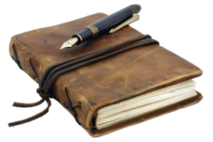 ai généré ancien cuir journal avec Fontaine stylo png