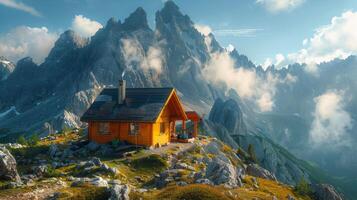 AI generated Cabin Nestled in Mountain Range photo