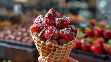 ai generado persona recogiendo chocolate desde gofre cono con fresas foto