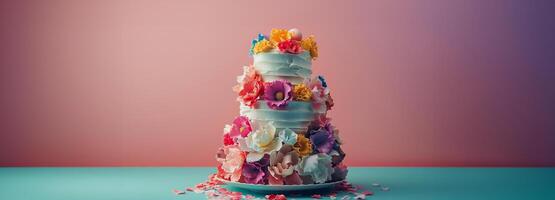 AI generated Three Tiered Cake on Blue Pedestal photo