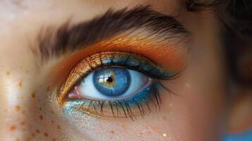 ai generado cerca arriba de personas azul ojo con naranja y azul maquillaje foto