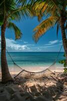 AI generated Hammock Swinging on Beach With Palm Trees photo