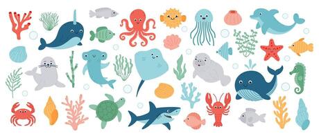 Big set with cute sea animals, shells, corals, seaweed. Kawaii sea life character elements. Cartoon vector illustration