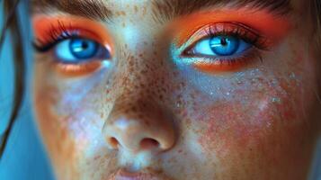 ai generado cerca arriba de personas azul ojo con naranja y azul maquillaje foto