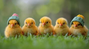 ai generado pequeño amarillo pollos en pie juntos foto