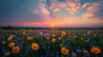 ai generado campo de flores debajo noche cielo foto