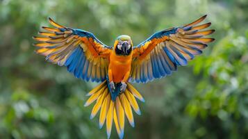 ai generado azul y amarillo loro volador mediante el aire foto