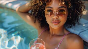 AI generated Woman in White Bikini Sitting by Pool photo