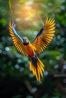 ai generado vistoso pájaro volador mediante el aire foto