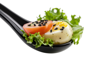 AI generated Fresh tomato and egg garnished with black sesame on a spoon on transparent background - stock png. png