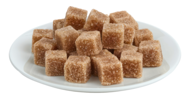 AI generated Natural brown sugar cubes piled on a white plate on transparent background - stock png. png