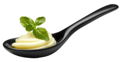 AI generated Fresh basil garnishing a creamy dollop of butter on a spoon on transparent background - stock png. png