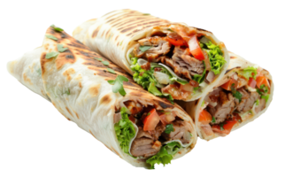 AI generated Delicious shawarma wraps with meat and vegetables on transparent background - stock png. png