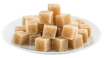 AI generated Natural brown sugar cubes piled on a white plate on transparent background - stock png. png