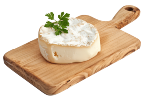 AI generated Artisan cheese with fresh green herbs on a wooden serving board on transparent background - stock png. png