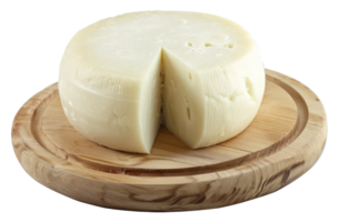 AI generated Whole round cheese on a matching round wooden board on transparent background - stock png. png