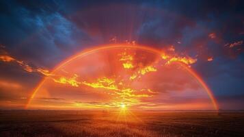 AI generated Sun Setting Over Field With Rainbow photo