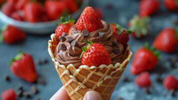 ai generado persona recogiendo chocolate desde gofre cono con fresas foto