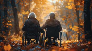 AI generated Two Elderly People in Wheelchairs in the Woods photo