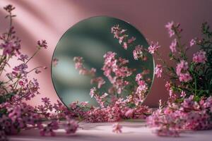 AI generated Mirror on Table Next to Flowers photo