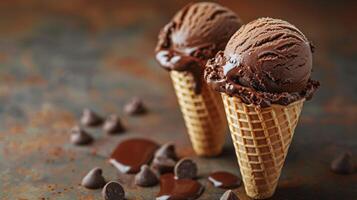 AI generated Chocolate Ice Cream Cone With Chocolate Chunks photo
